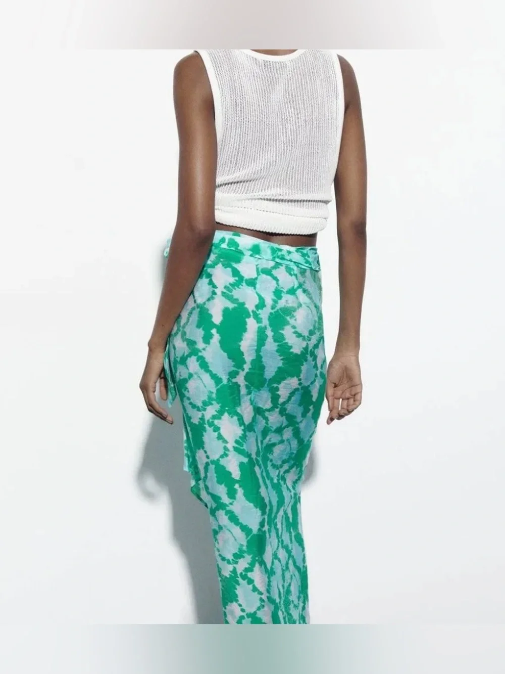 ZARA Knotted Green Turquoise Tie Dye Print Swim Beach Sarong Midi Skirt S NEW